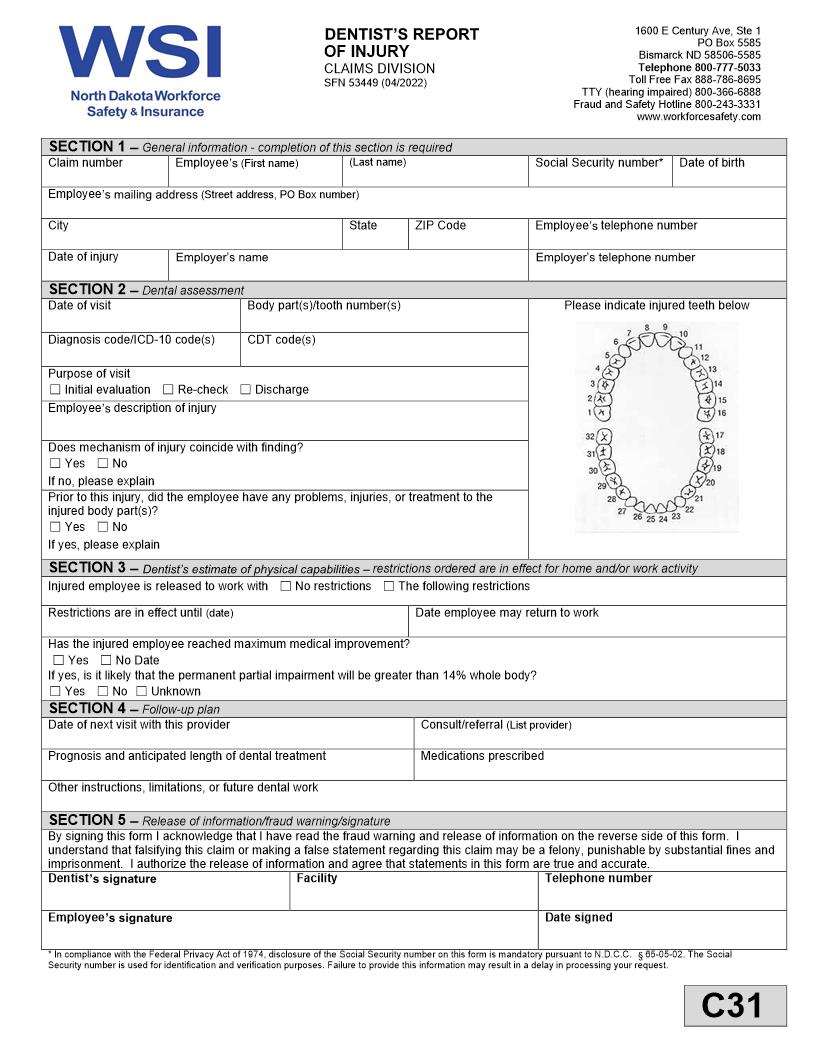 Dentists Report Of Injury {SFN 53449} | Pdf Fpdf Docx | North Dakota