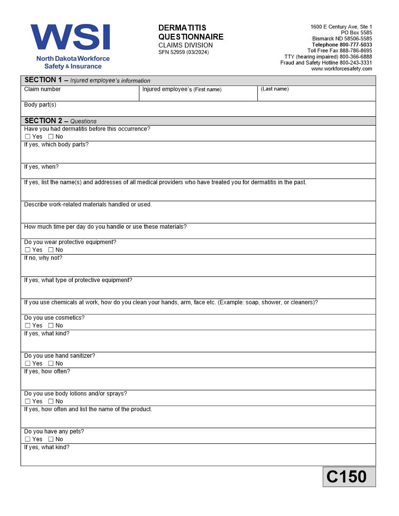 Dermatitis Questionaire {SFN 52959} | Pdf Fpdf Doc Docx | North Dakota
