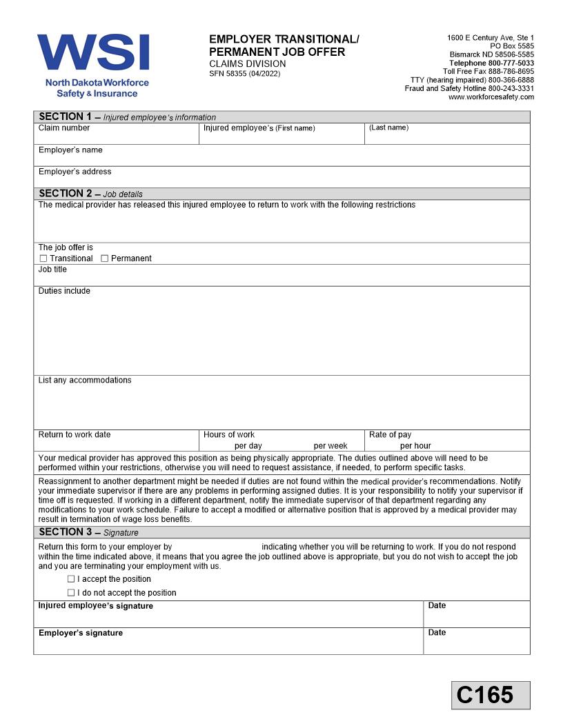 Employer Transitional-Permanent Job Offer {SFN 58355} | Pdf Fpdf Docx | North Dakota