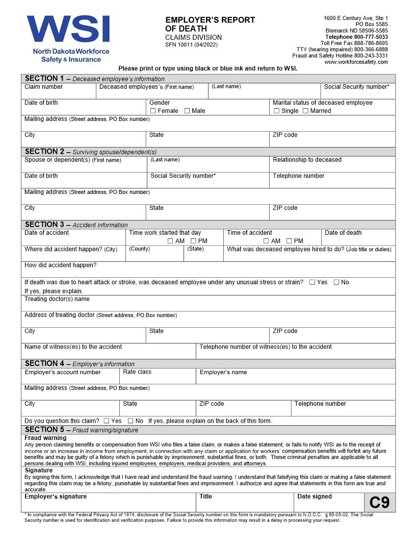 Employers Report Of Death {SFN 10011} | Pdf Fpdf Docx | North Dakota