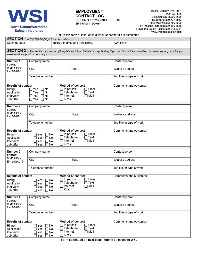 Employment Contact Log {SFN 54198} | Pdf Fpdf Doc Docx | North Dakota