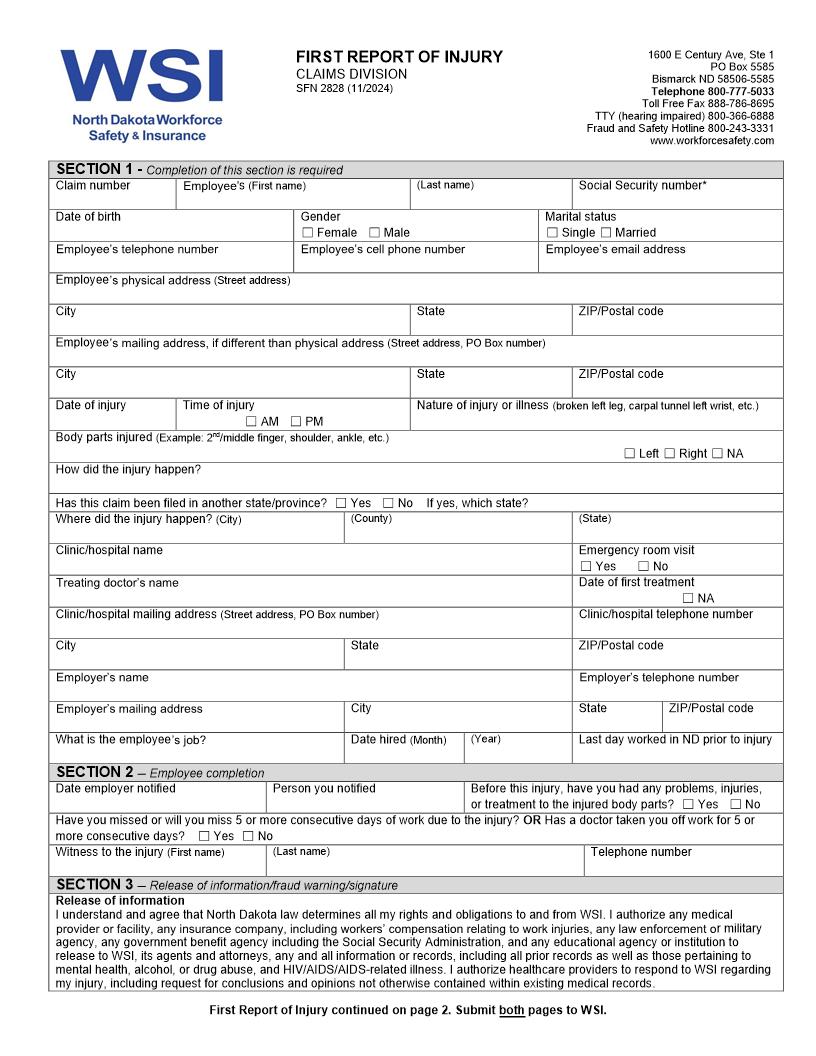 First Report Of Injury {SFN 2828} | Pdf Fpdf Docx | North Dakota