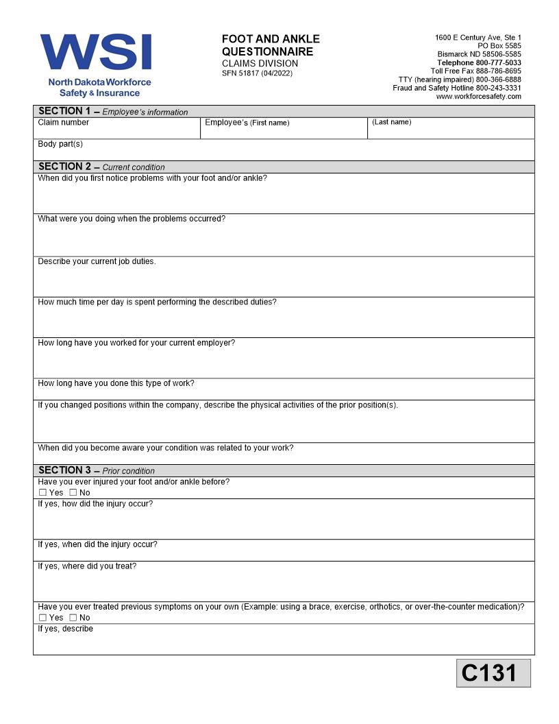Foot And Ankle Questionnaire {SFN 51817} | Pdf Fpdf Docx | North Dakota