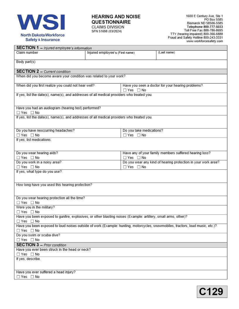 Hearing And Noise Questionnaire {SFN 51698} | Pdf Fpdf Doc Docx | North Dakota