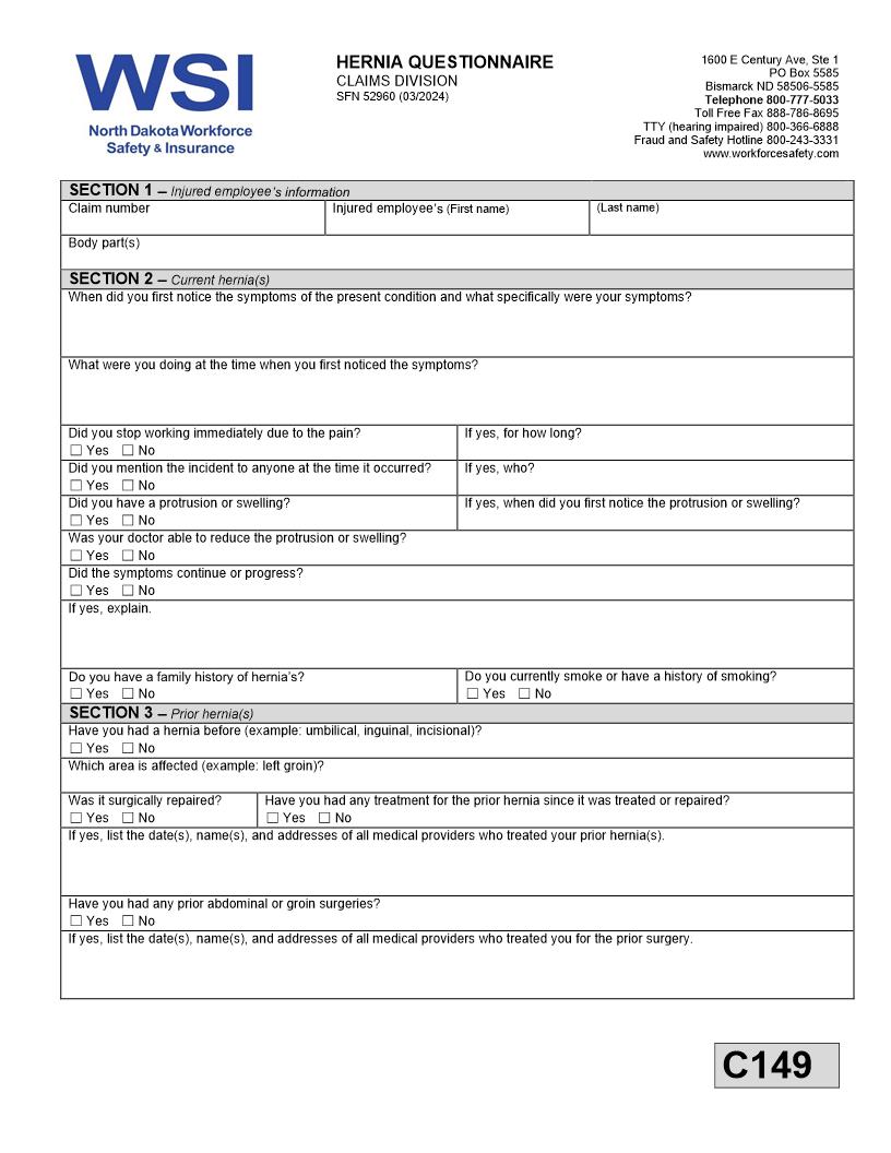 Hernia Questionnaire {SFN 52960} | Pdf Fpdf Doc Docx | North Dakota