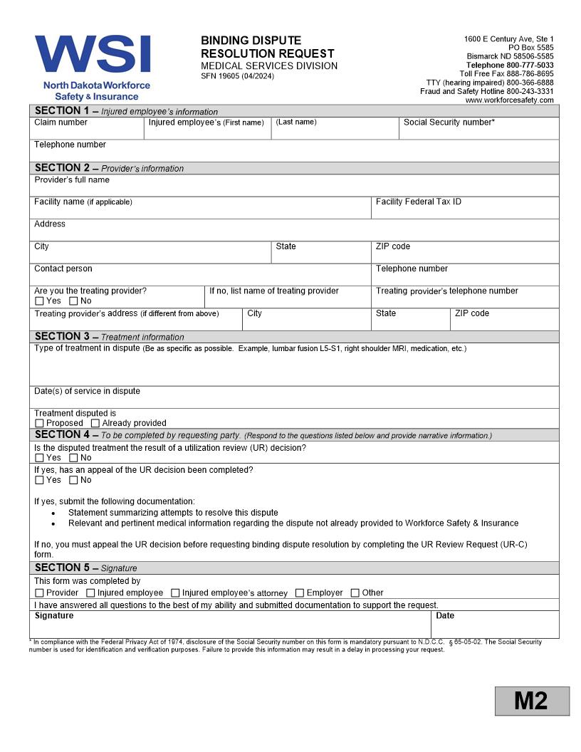 Medical Services Dispute Resolution Request { SFN 19605} | Pdf Fpdf Doc Docx | North Dakota