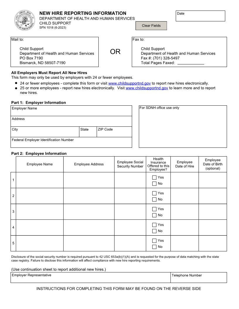 New Hire Reporting | Pdf Fpdf Docx | North Dakota