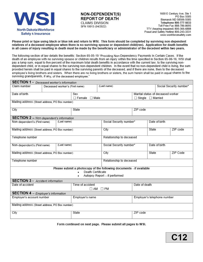 Non Dependent(s) Report Of Death {SFN 10013} | Pdf Fpdf Docx | North Dakota