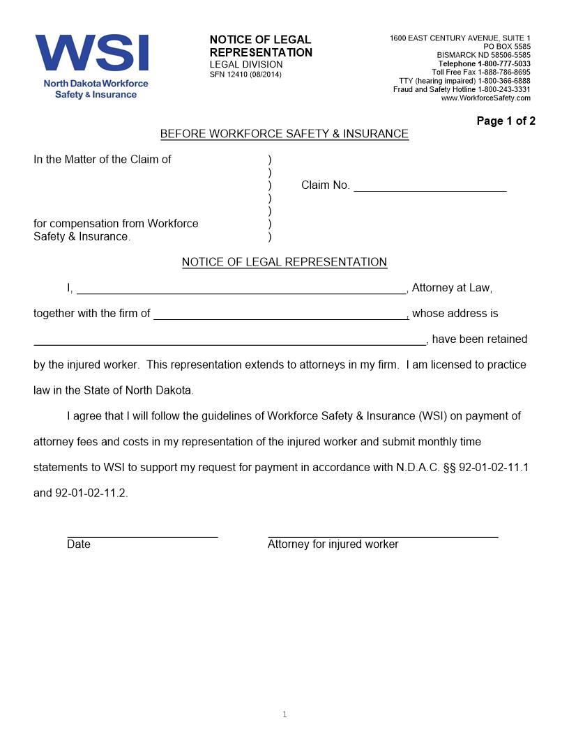 Notice of Legal Representation {SFN 12410} | Pdf Fpdf Doc Docx | North Dakota
