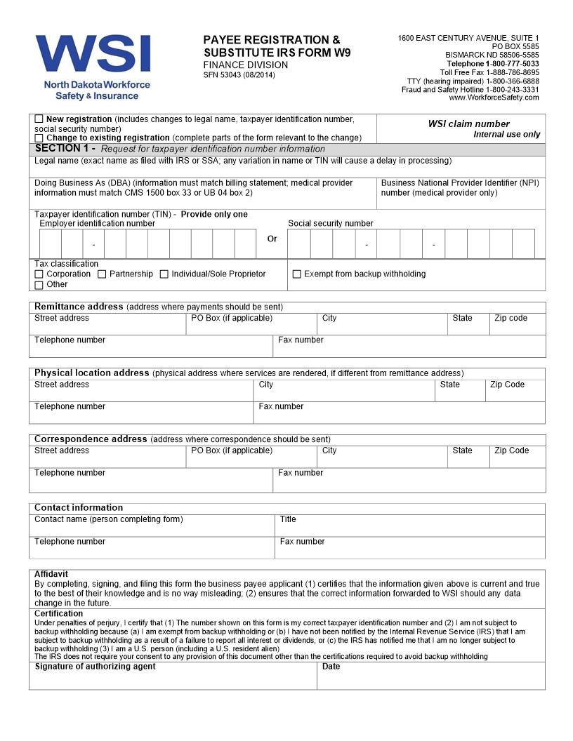 Payee Registration And Substitute IRS Form W9 {SFN 53043} | Pdf Fpdf Doc Docx | North Dakota