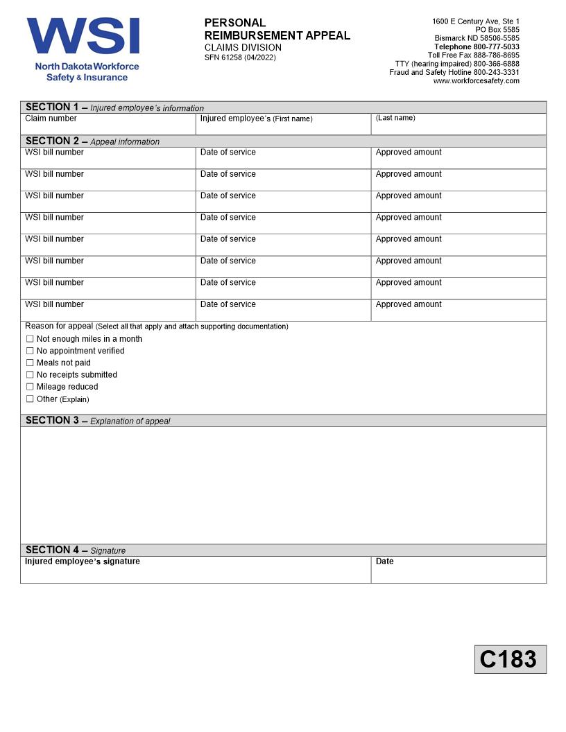 Personal Reimbursement Appeal {SFN 61258} | Pdf Fpdf Docx | North Dakota