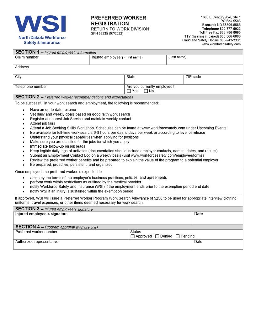 Preferred Worker Registration {SFN 53235} | Pdf Fpdf Doc Docx | North Dakota