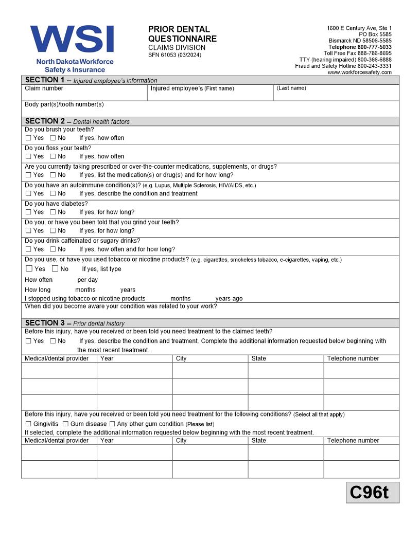 Prior Dental Questionnaire {SFN 61053} | Pdf Fpdf Docx | North Dakota
