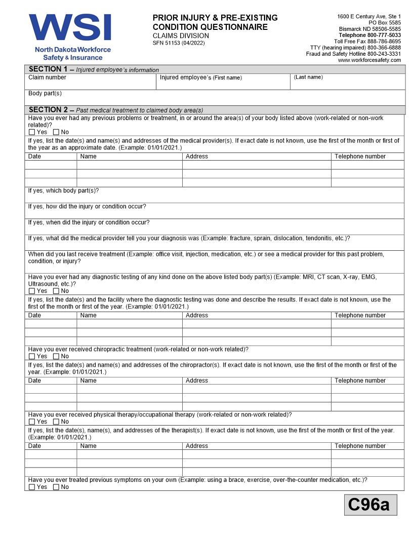 Prior Injury And Pre-Existing Condition Questionnaire {SFN 51153} | Pdf Fpdf Docx | North Dakota