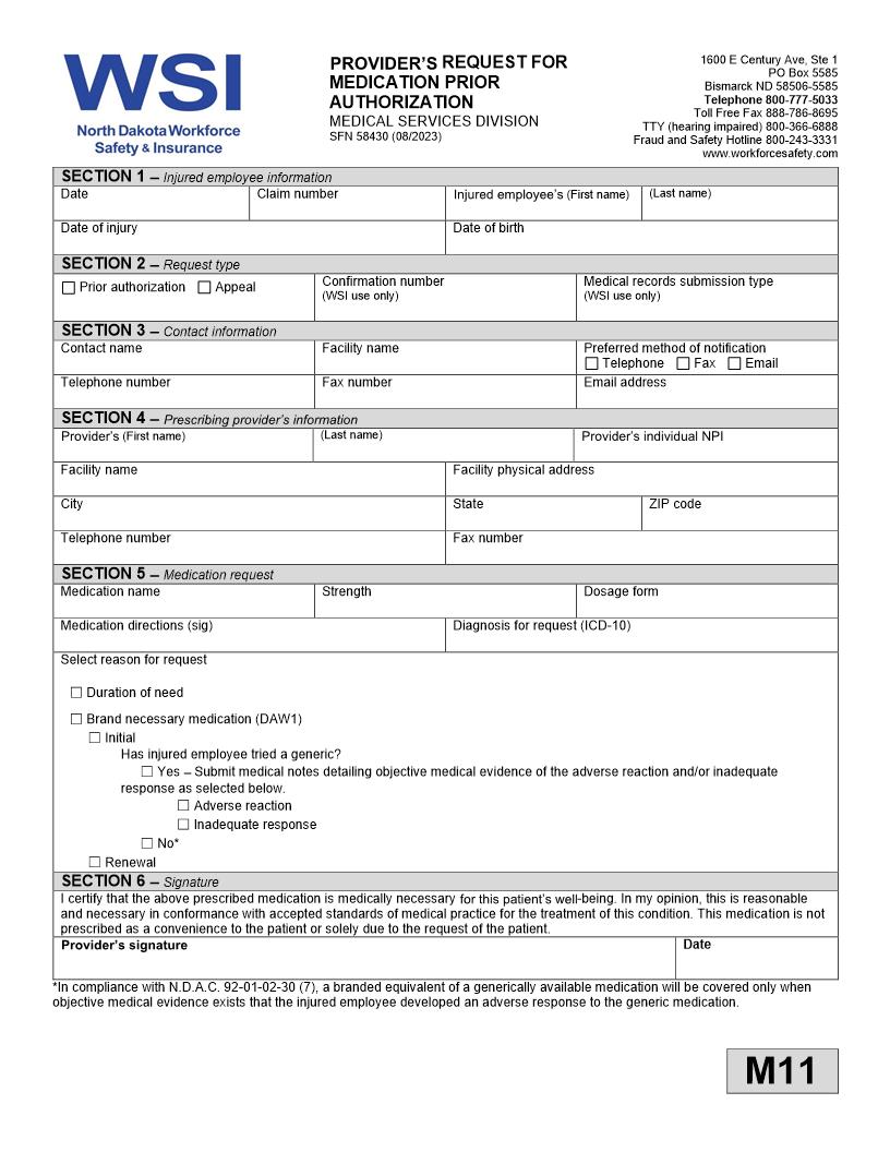 Providers Request For Medication Prior Authorization (M11) {SFN 58430} | Pdf Fpdf Doc Docx | North Dakota