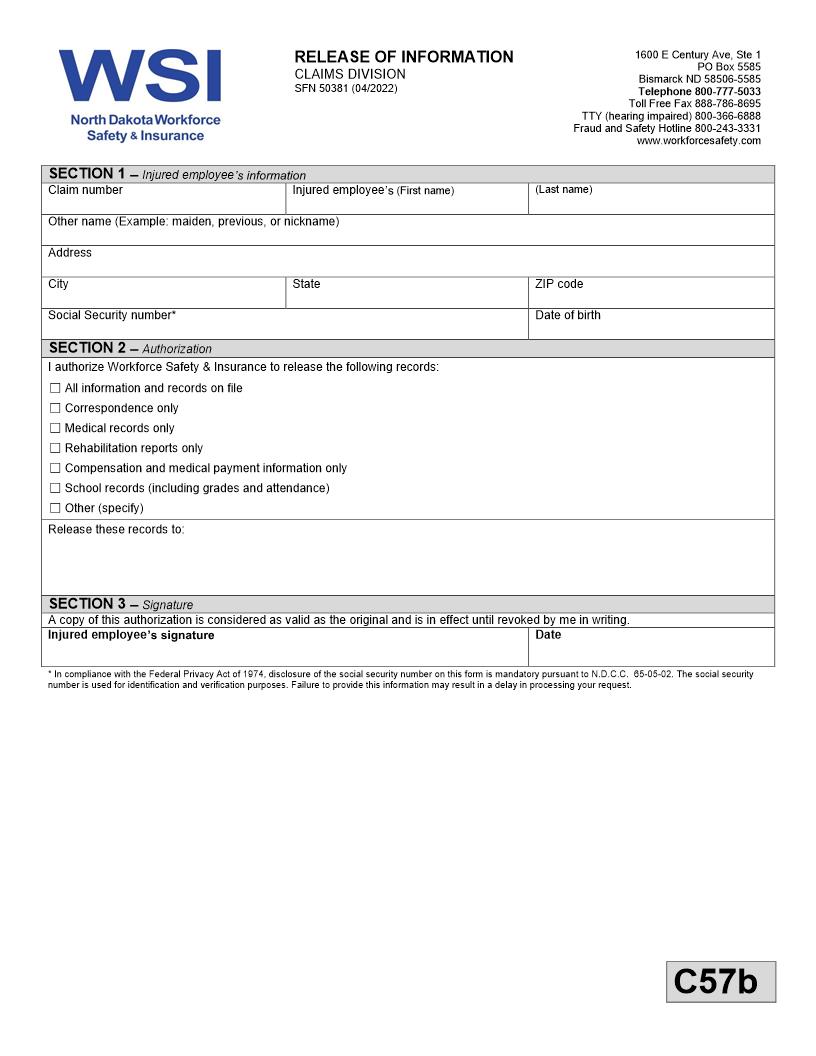 Release Of Information {SFN 50381} | Pdf Fpdf Doc Docx | North Dakota