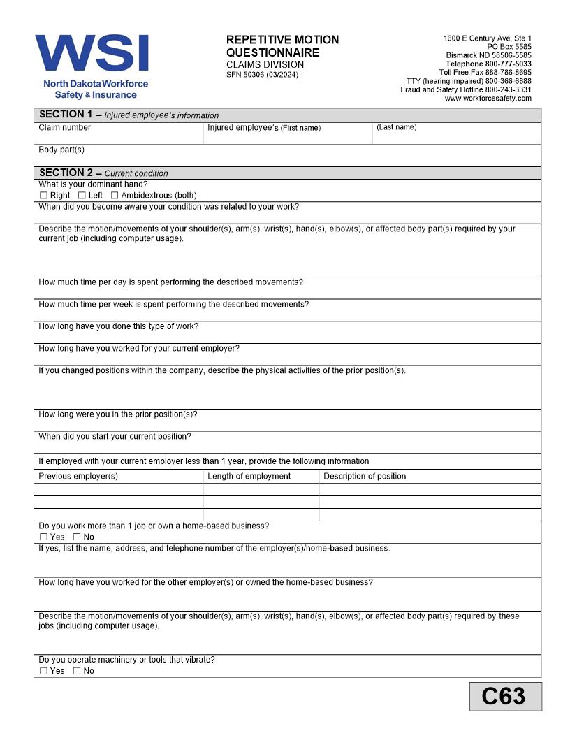 Repetitive Motion Questionnaire {SFN 50306} | Pdf Fpdf Doc Docx | North Dakota