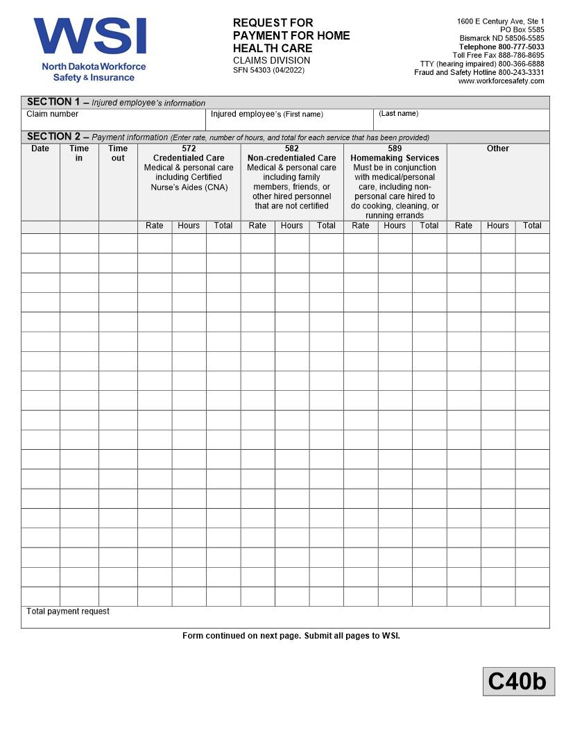 Request For Payment For Home Health Care {SFN 54303} | Pdf Fpdf Docx | North Dakota
