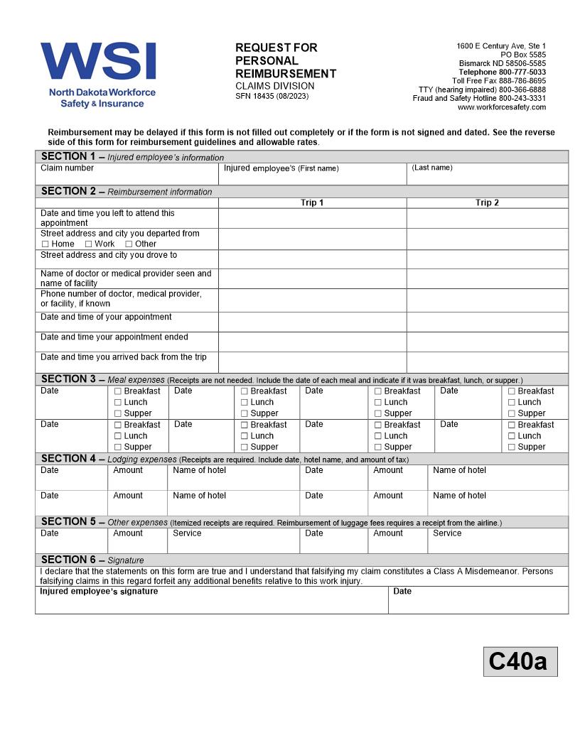 Request For Personal Reimbursement {SFN 18435} | Pdf Fpdf Doc Docx | North Dakota