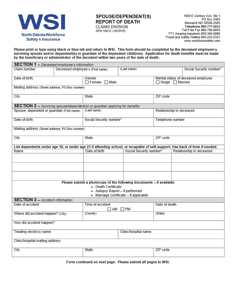 Spouse-Dependent(s) Report Of Death {SFN 10012} | Pdf Fpdf Docx | North Dakota