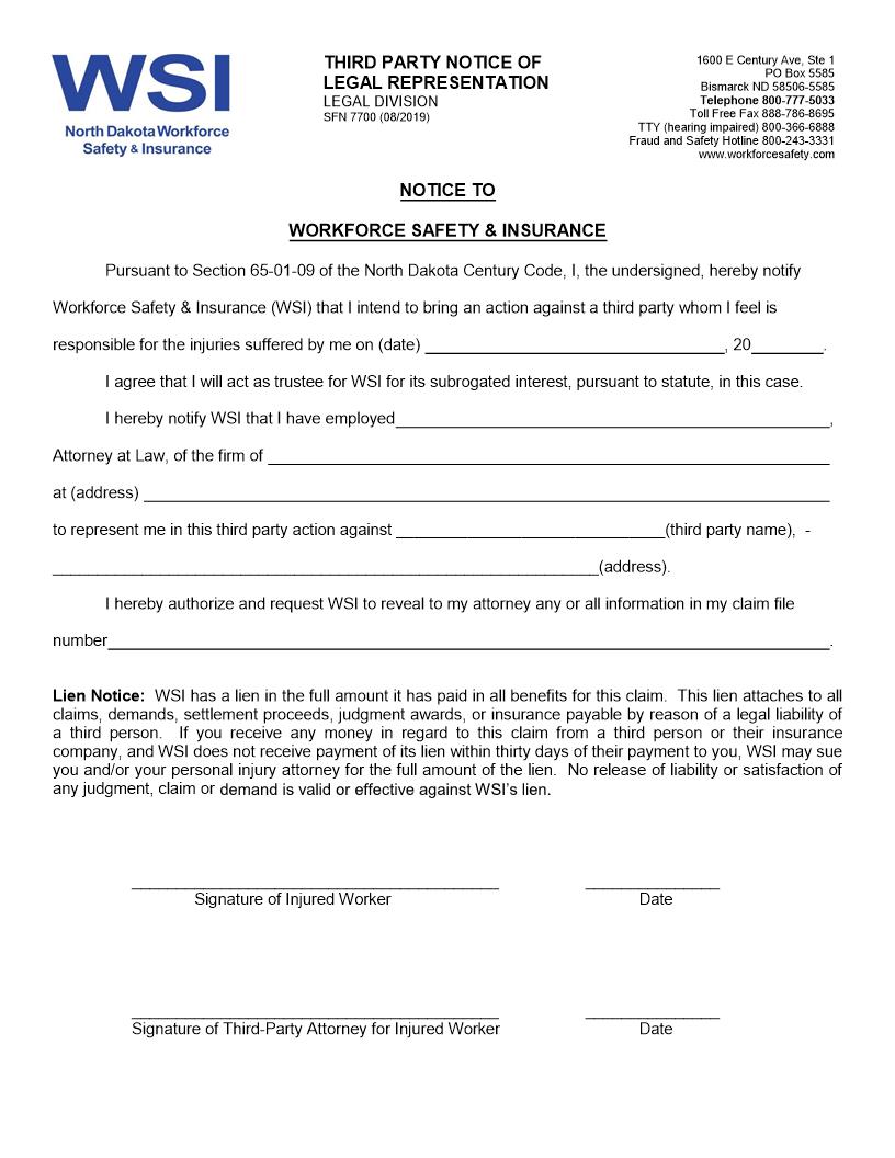 Third Party Notice Of Legal Representation {SFN 7700} | Pdf Fpdf Docx | North Dakota