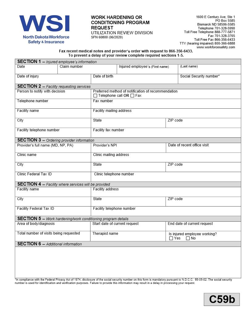 Work Hardening Or Conditioning Program Request {SFN 60800} | Pdf Fpdf Docx | North Dakota