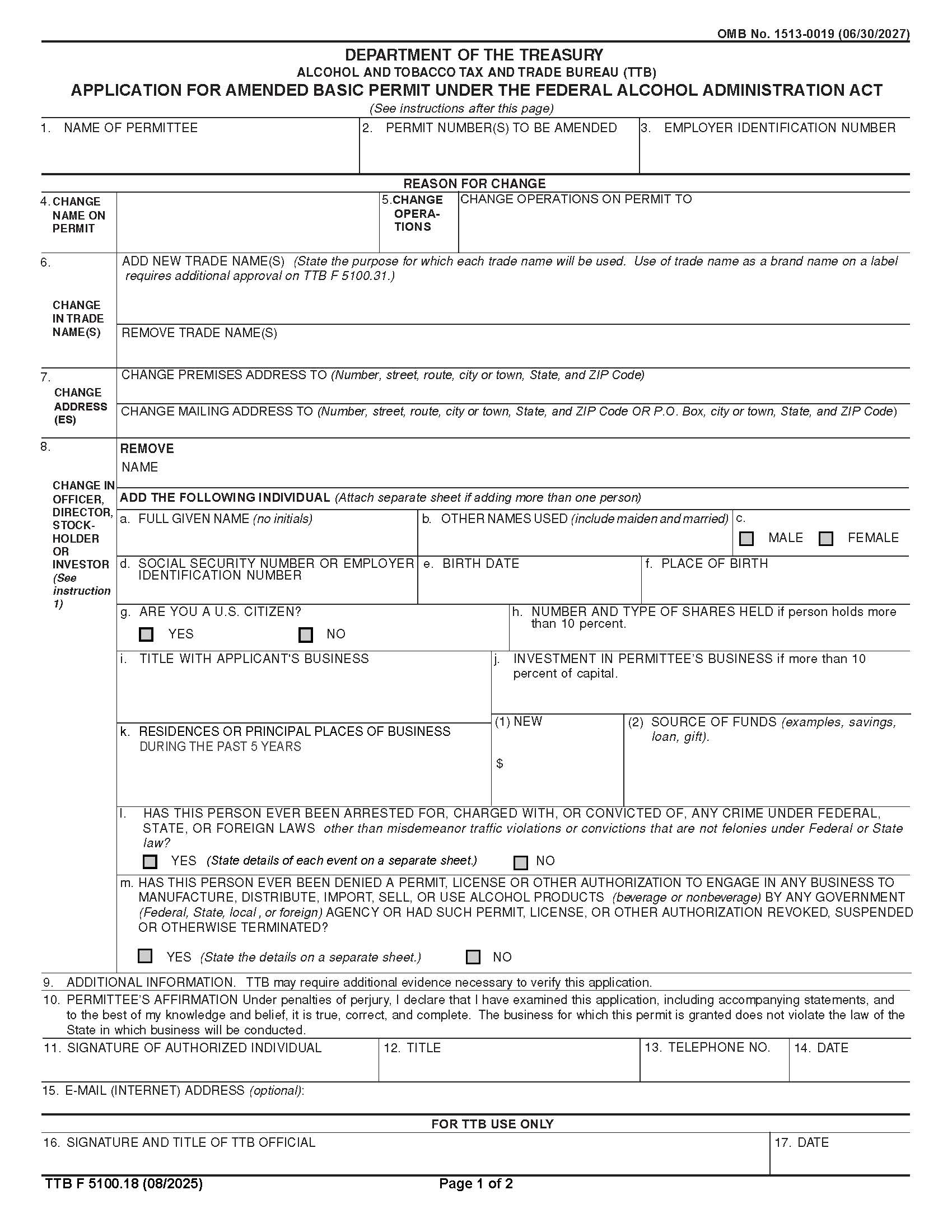 Application For Amended Basic Permit Under Federal Alcohol Act {TTB F 5100.18} | Pdf Fpdf Doc Docx | Official Federal Forms