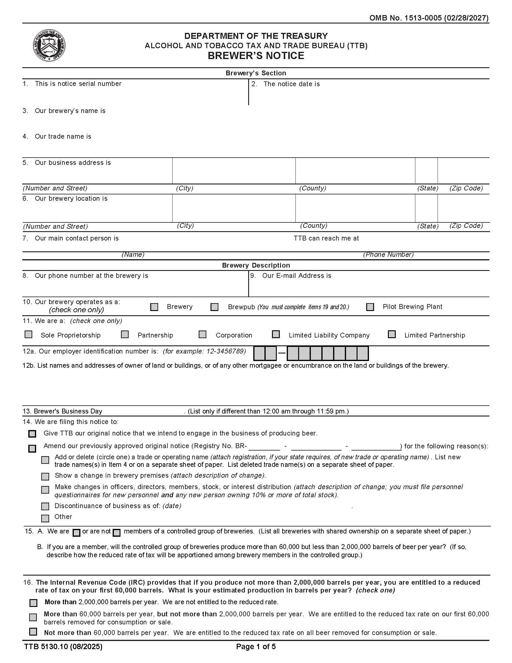 Brewers Notice {TTB F 5130.10} | Pdf Fpdf Doc Docx | Official Federal Forms