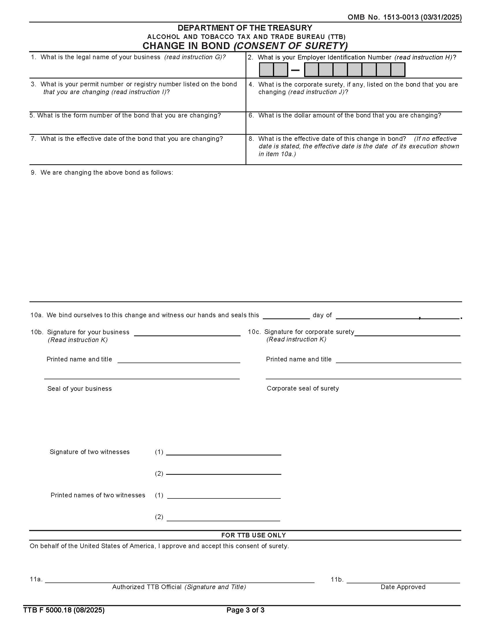Change Of Bond (Consent Of Surety) {TTB F 5000.18} | Pdf Fpdf Doc Docx | Official Federal Forms