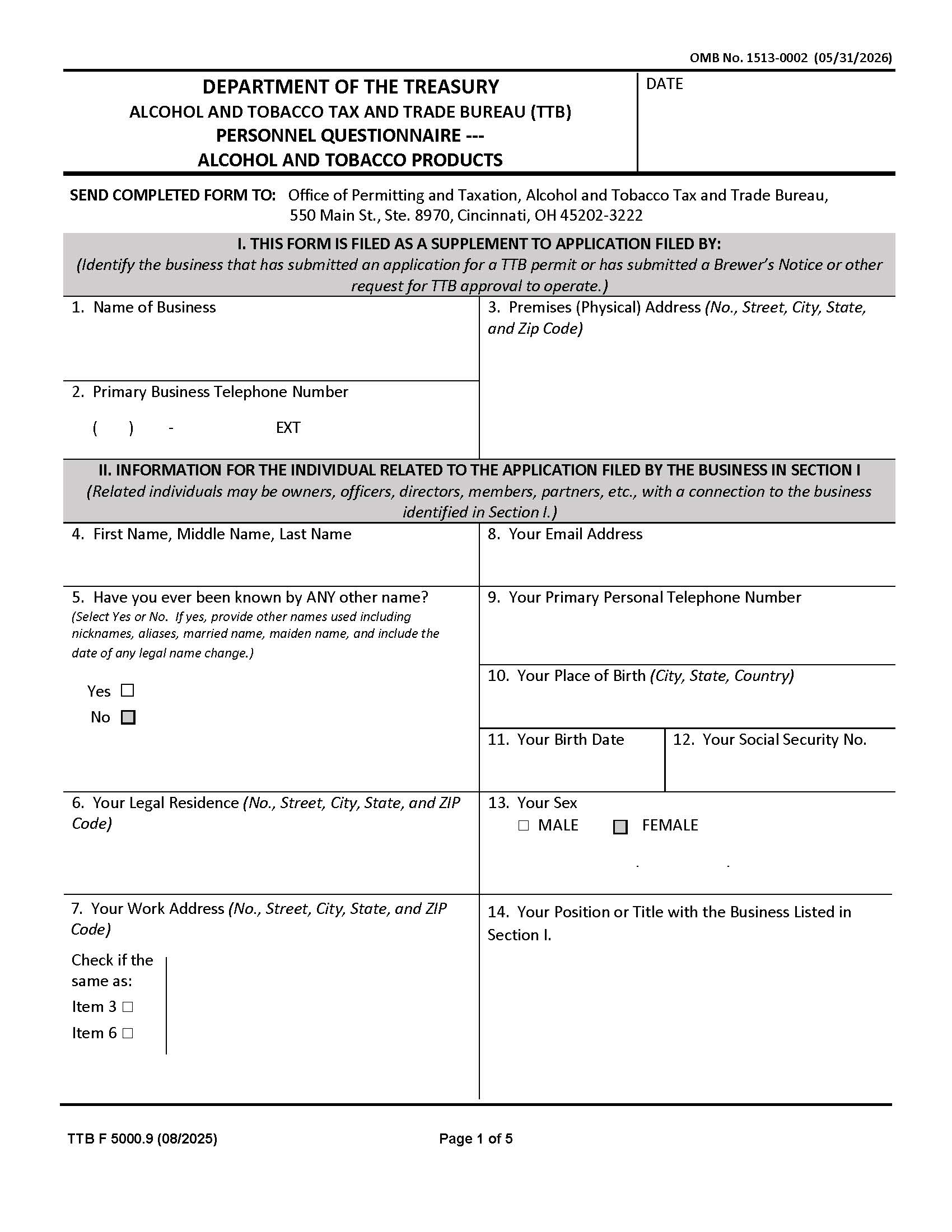 Personnel Questionnaire Alcohol And Tobacco Products {TTB F 5000.9} | Pdf Fpdf Docx | Official Federal Forms