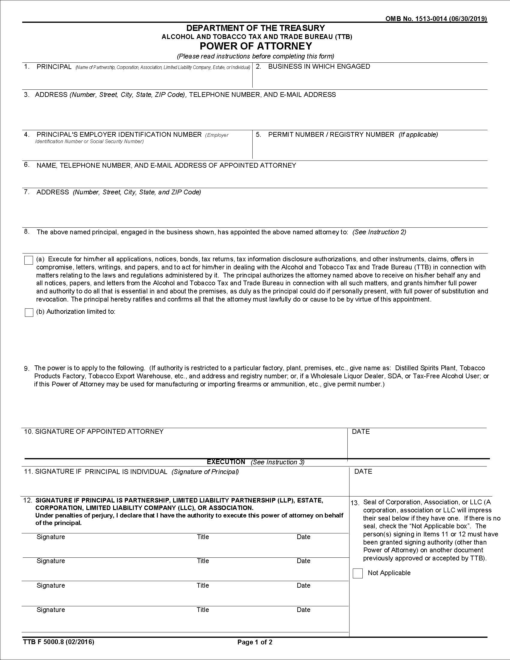 Power Of Attorney {TTB F 5000.8} | Pdf Fpdf Doc Docx | Official Federal Forms