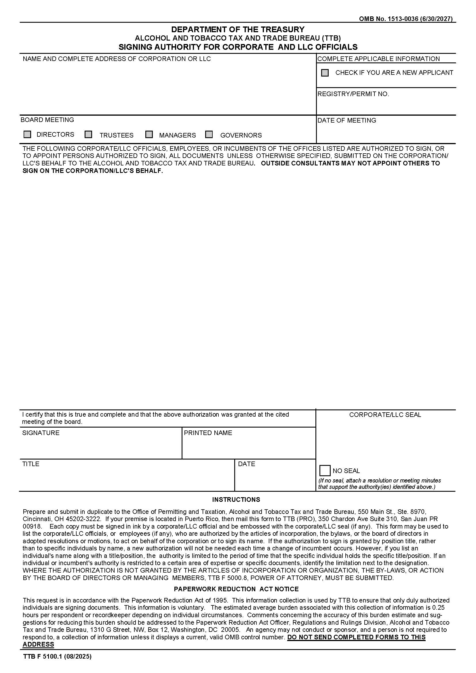 Signing Authority For Corporate And LLC Officials {TTB F 5100.1} | Pdf Fpdf Docx | Official Federal Forms