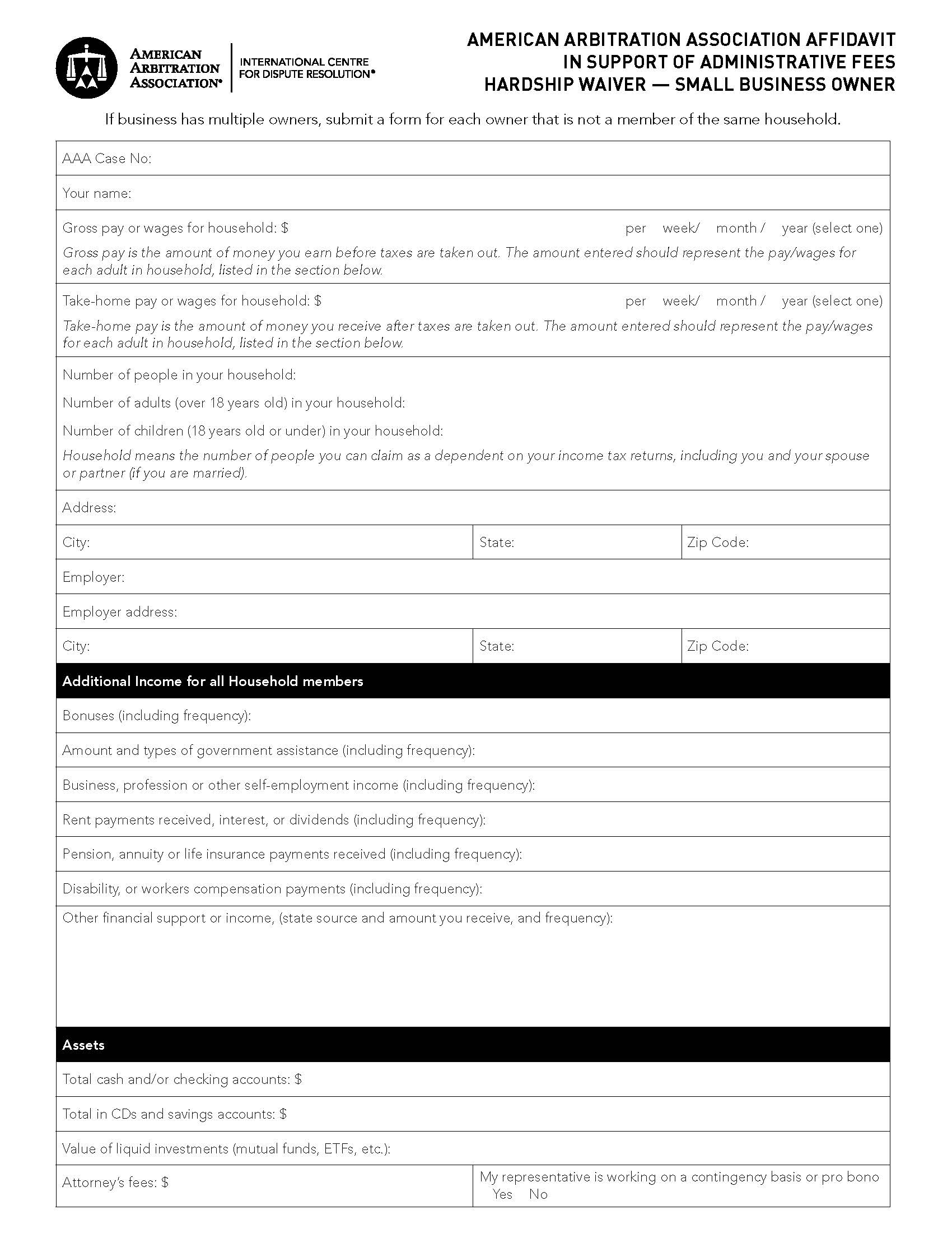 Affidavit In Support Of Administrative Fees Hardship Waiver-Small Business | Pdf Fpdf Docx | Official Federal Forms