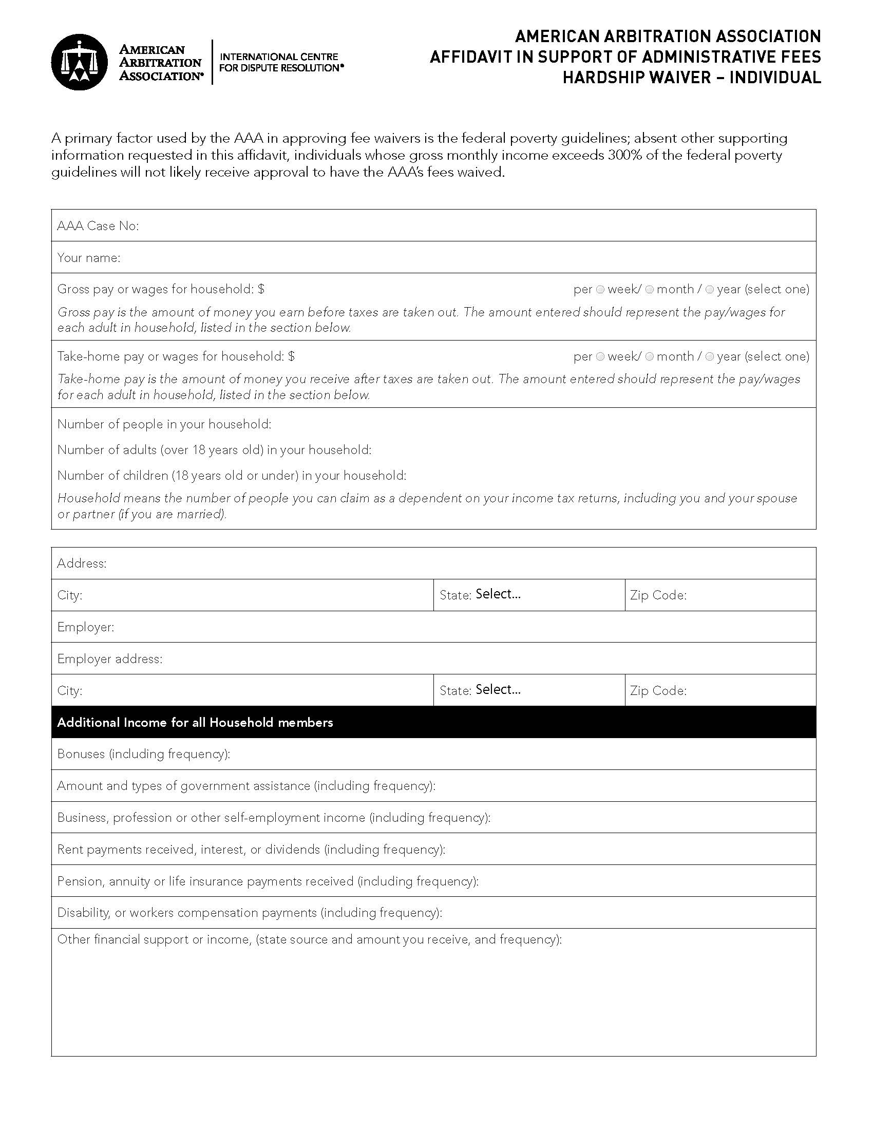 Affidavit In Support Of Administrative Fees Hardship-Individual | Pdf Fpdf Docx | Official Federal Forms