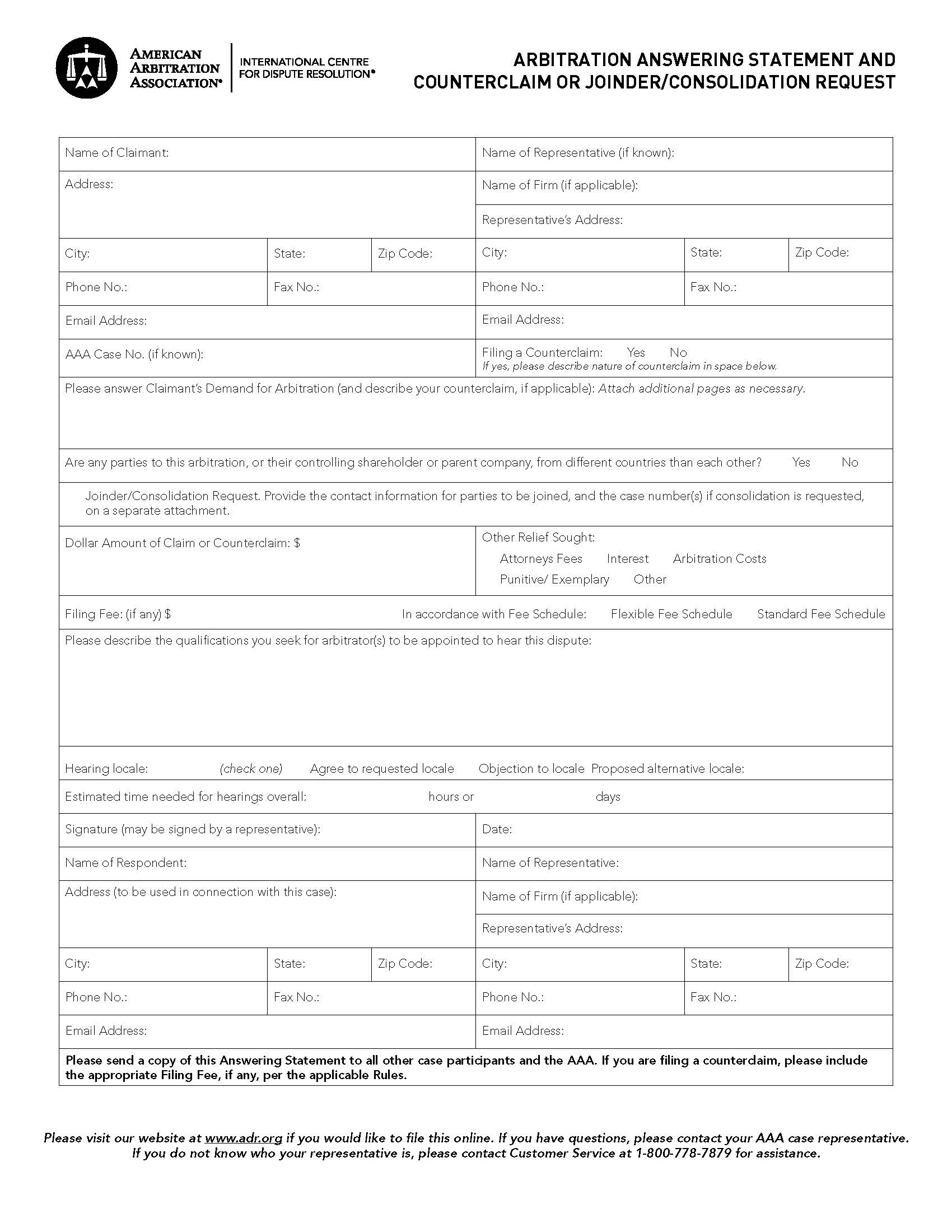 Arbitration Answering Statement And Counterclaim-Request | Pdf Fpdf Doc Docx | Official Federal Forms