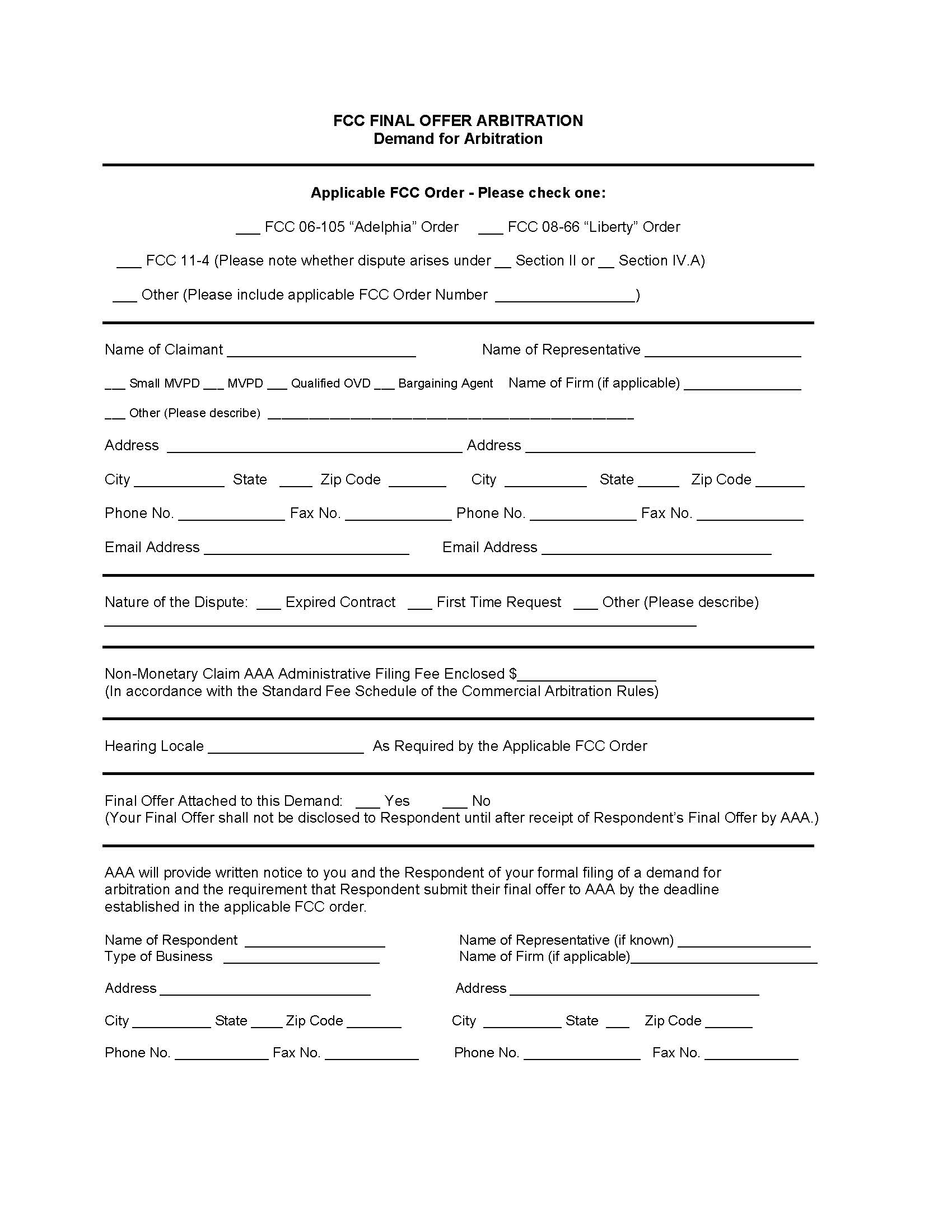 FCC Final Offer Demand For Arbitration | Pdf Fpdf Doc Docx | Official Federal Forms