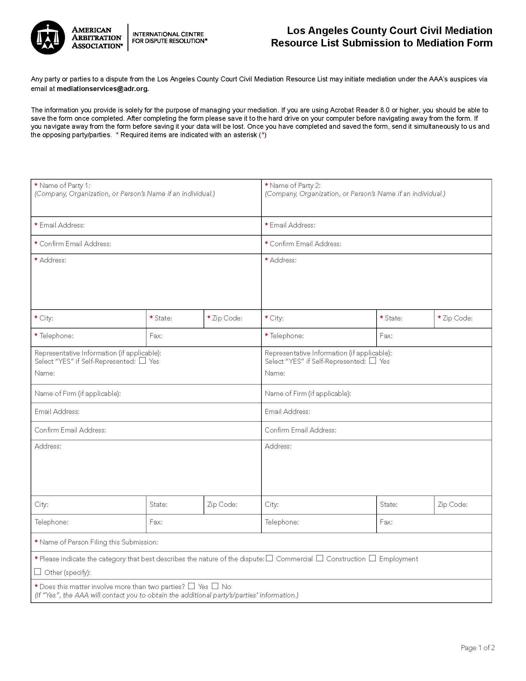 LA County Court Civil Mediation Resource List Submission To Mediation Form | Pdf Fpdf Docx | Official Federal Forms