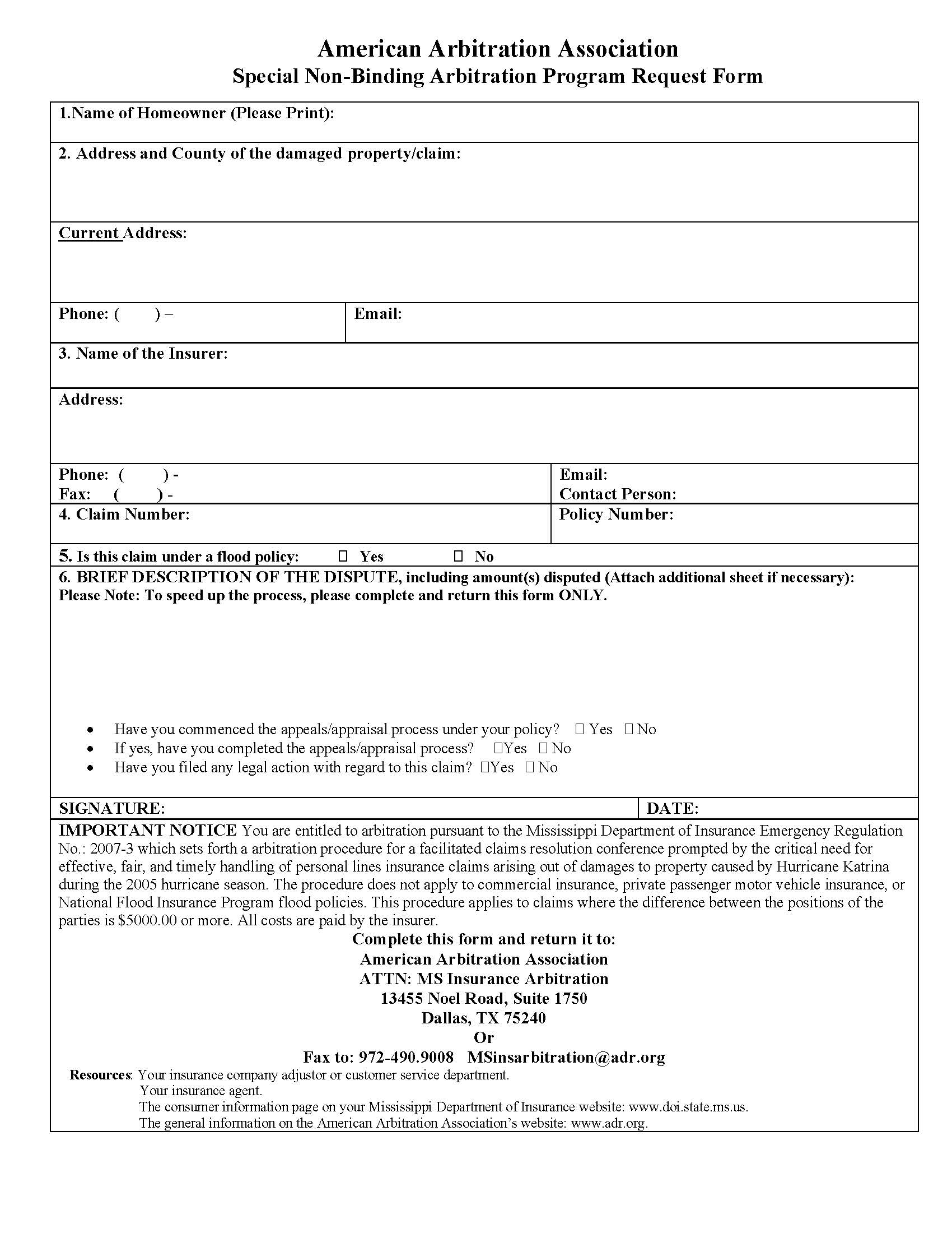 Mississippi Request For Non-Binding Arbitration (Special Non-Binding Arbitration Program Request) | Pdf Fpdf Docx | Official Federal Forms