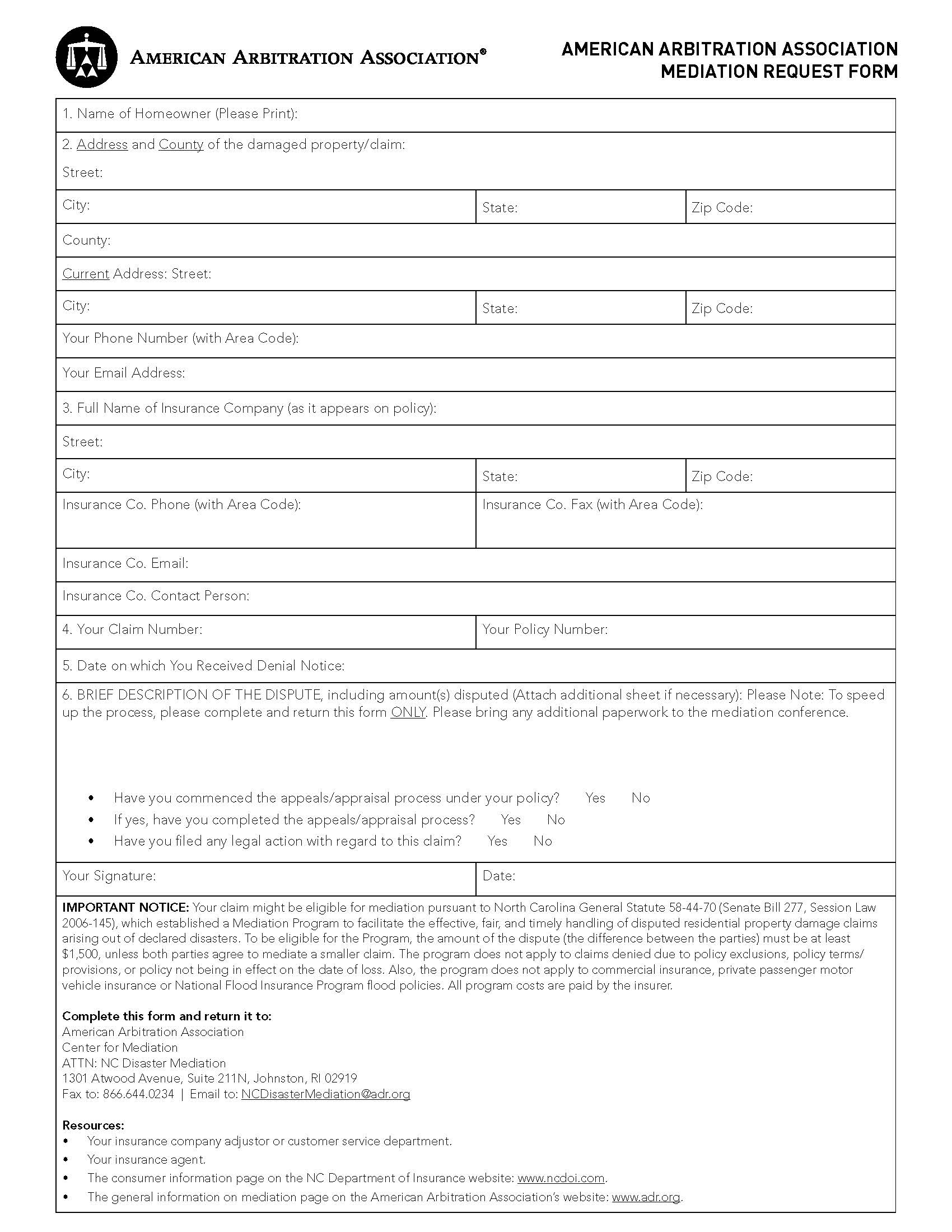 North Carolina Disaster (Mediation Request Form) | Pdf Fpdf Docx | Official Federal Forms