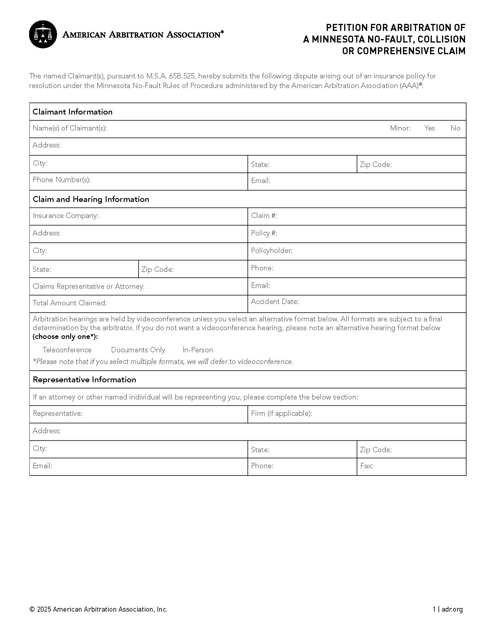 Petition For Arbitration Of A Minnesota No-Fault Collision Or Comprehensive Claim | Pdf Fpdf Docx | Official Federal Forms