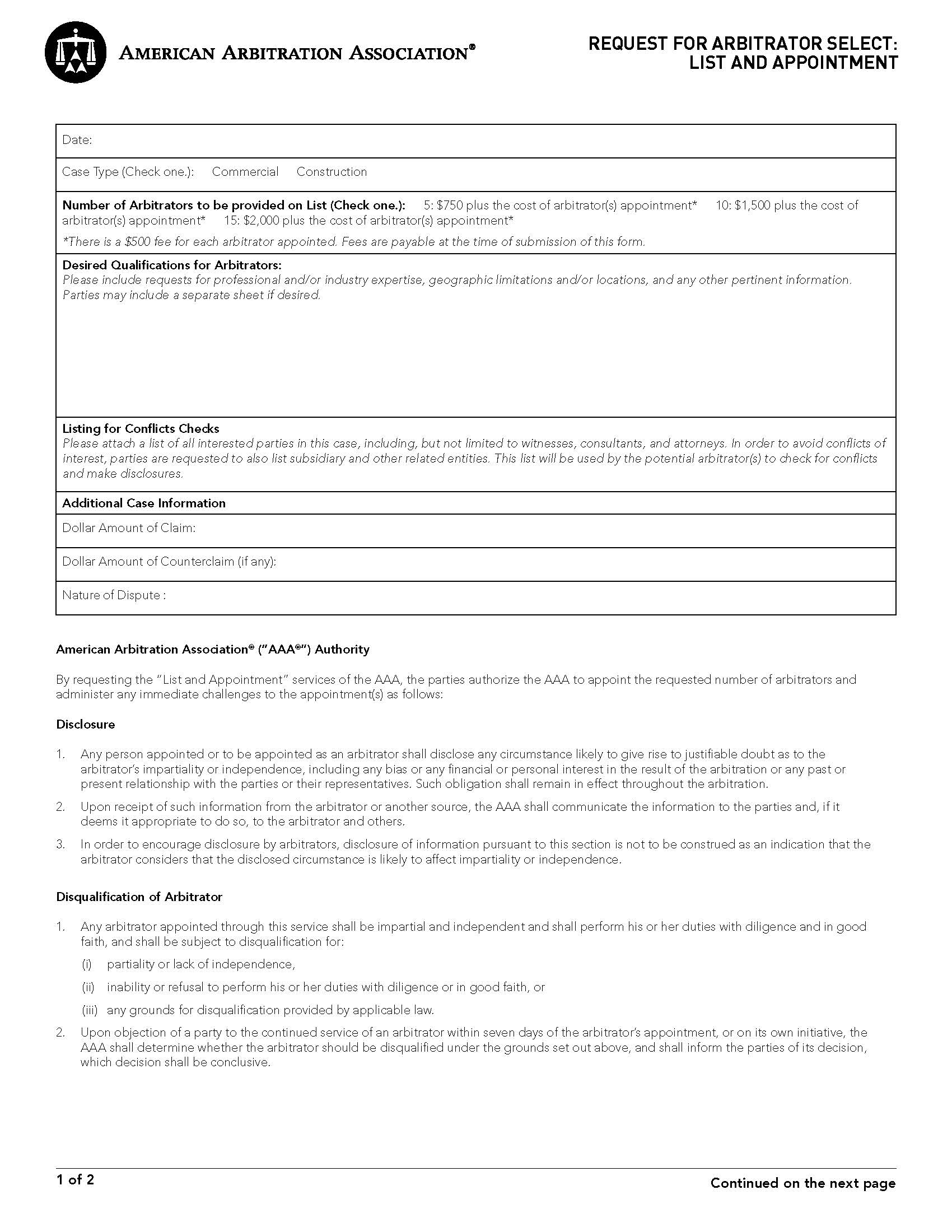 Request For Arbitration Selection (List And Appointment) | Pdf Fpdf Doc Docx | Official Federal Forms