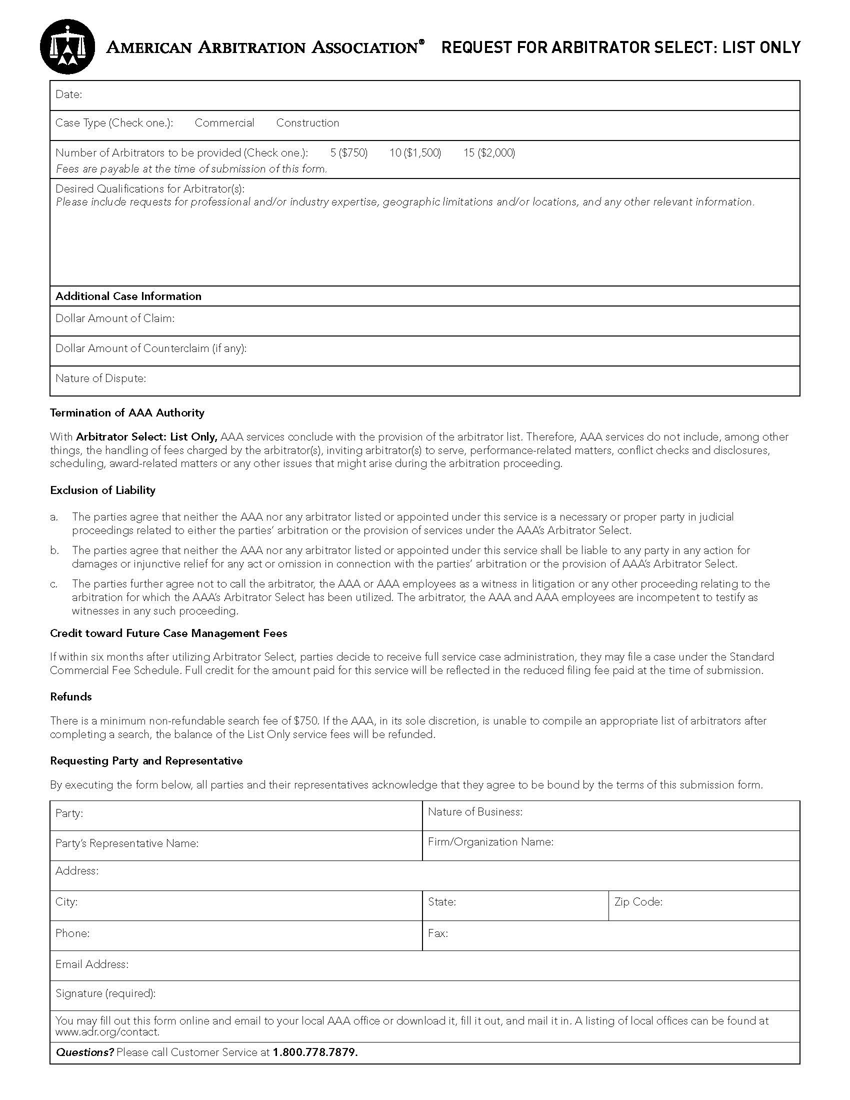 Request For Arbitration Selection Services (List Only) | Pdf Fpdf Doc Docx | Official Federal Forms