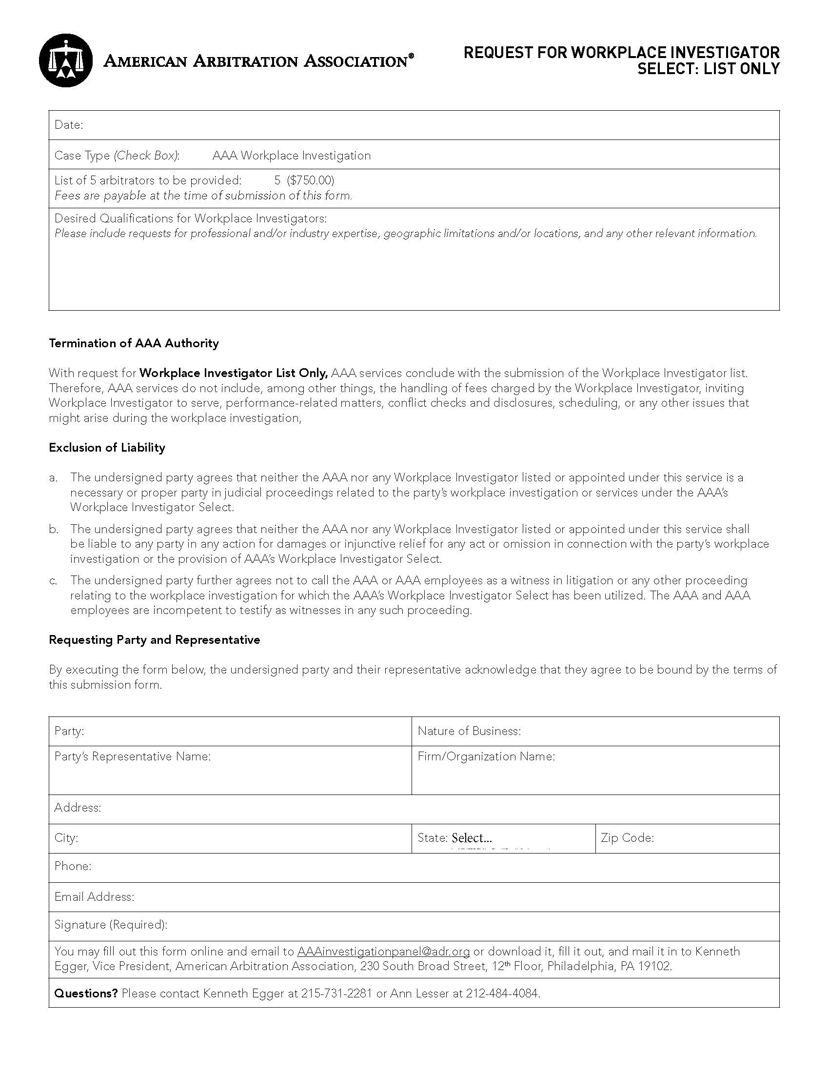 Request For Workplace Investigator Select-List Only | Pdf Fpdf Docx | Official Federal Forms