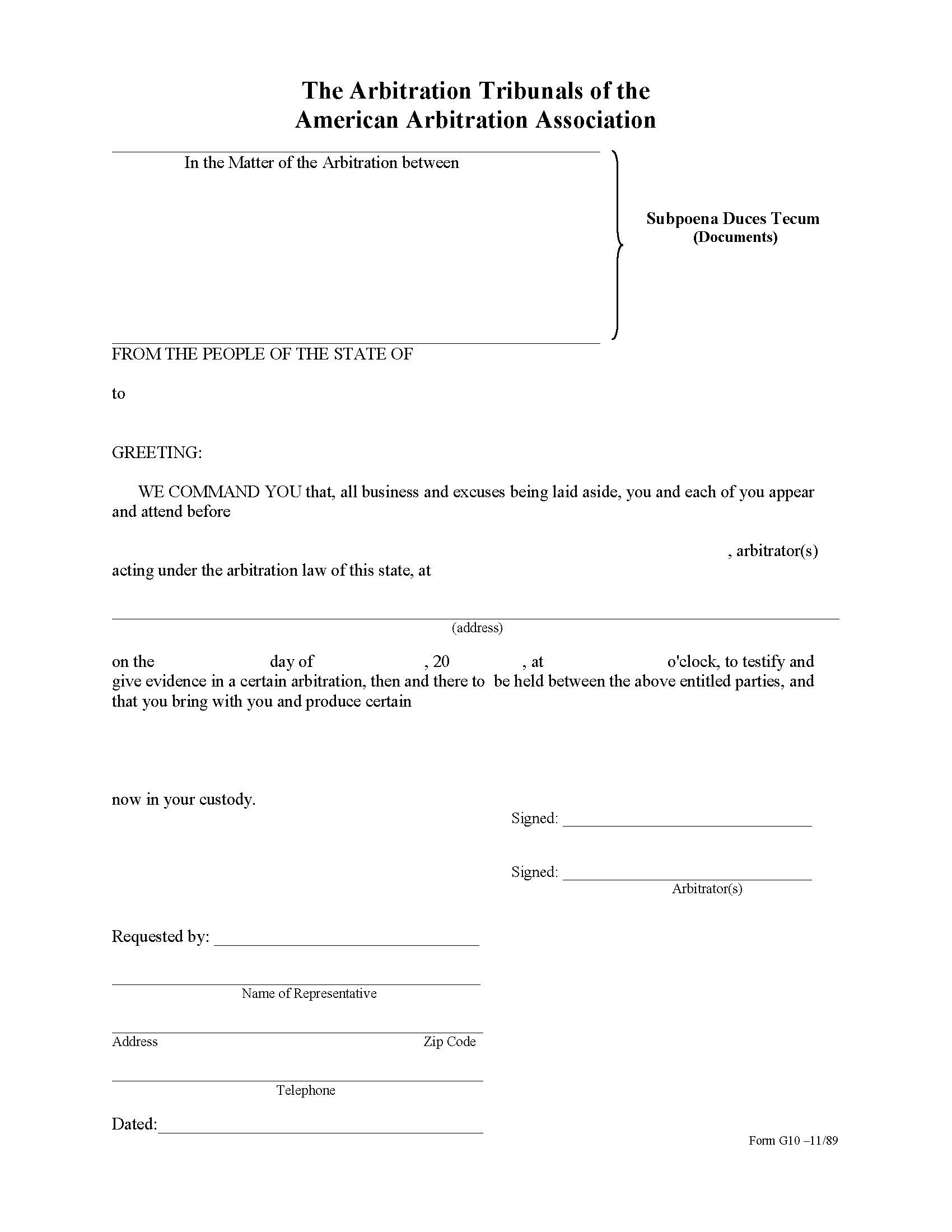 Subpoena Duces Tecum {G-10} | Pdf Fpdf Doc Docx | Official Federal Forms