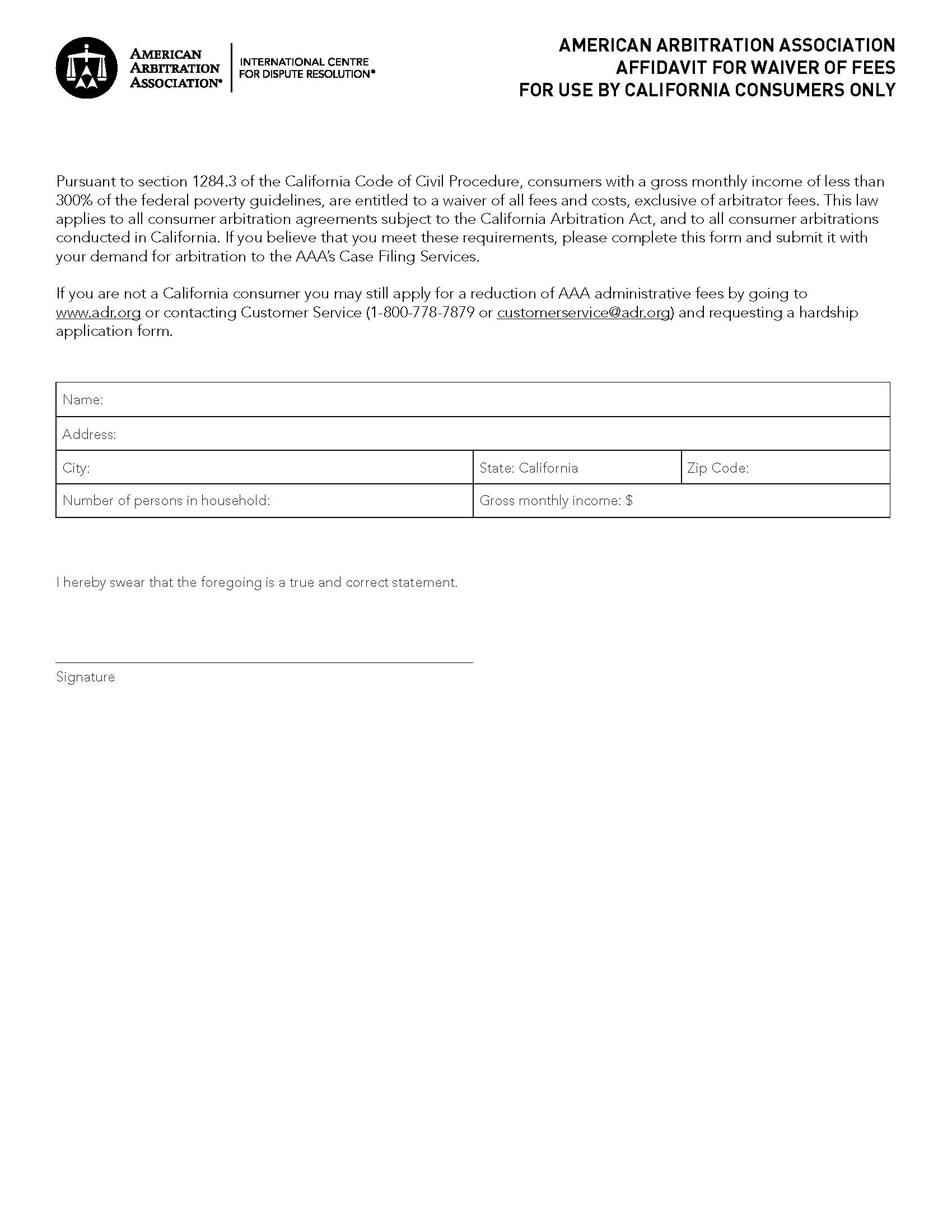 Affidavit For Waiver Of Fees Notice For Use By California Consumers Only | Pdf Fpdf Docx | Official Federal Forms
