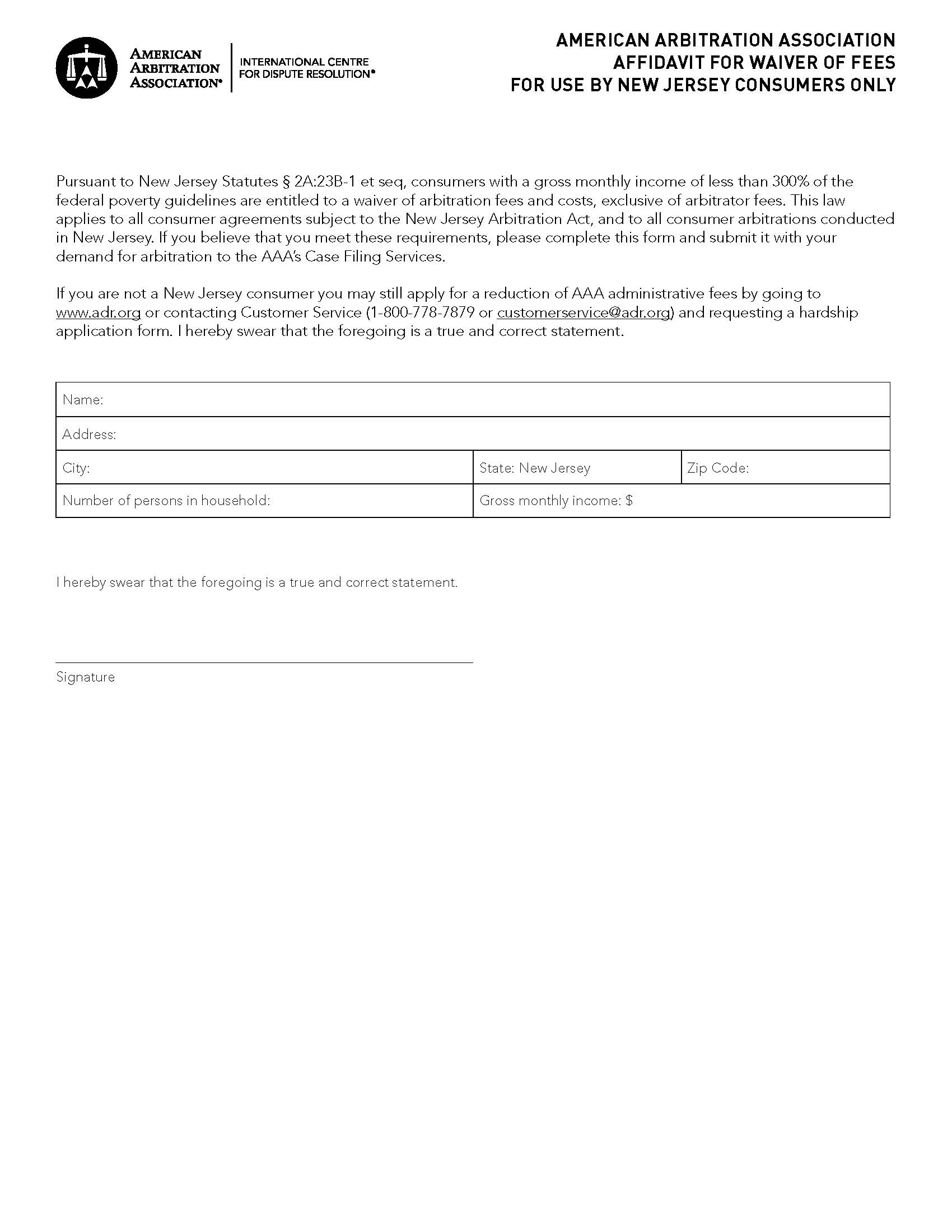 Affidavit For Waiver Of Fees Notice For Use By New Jersey Consumers Only | Pdf Fpdf Docx | Official Federal Forms