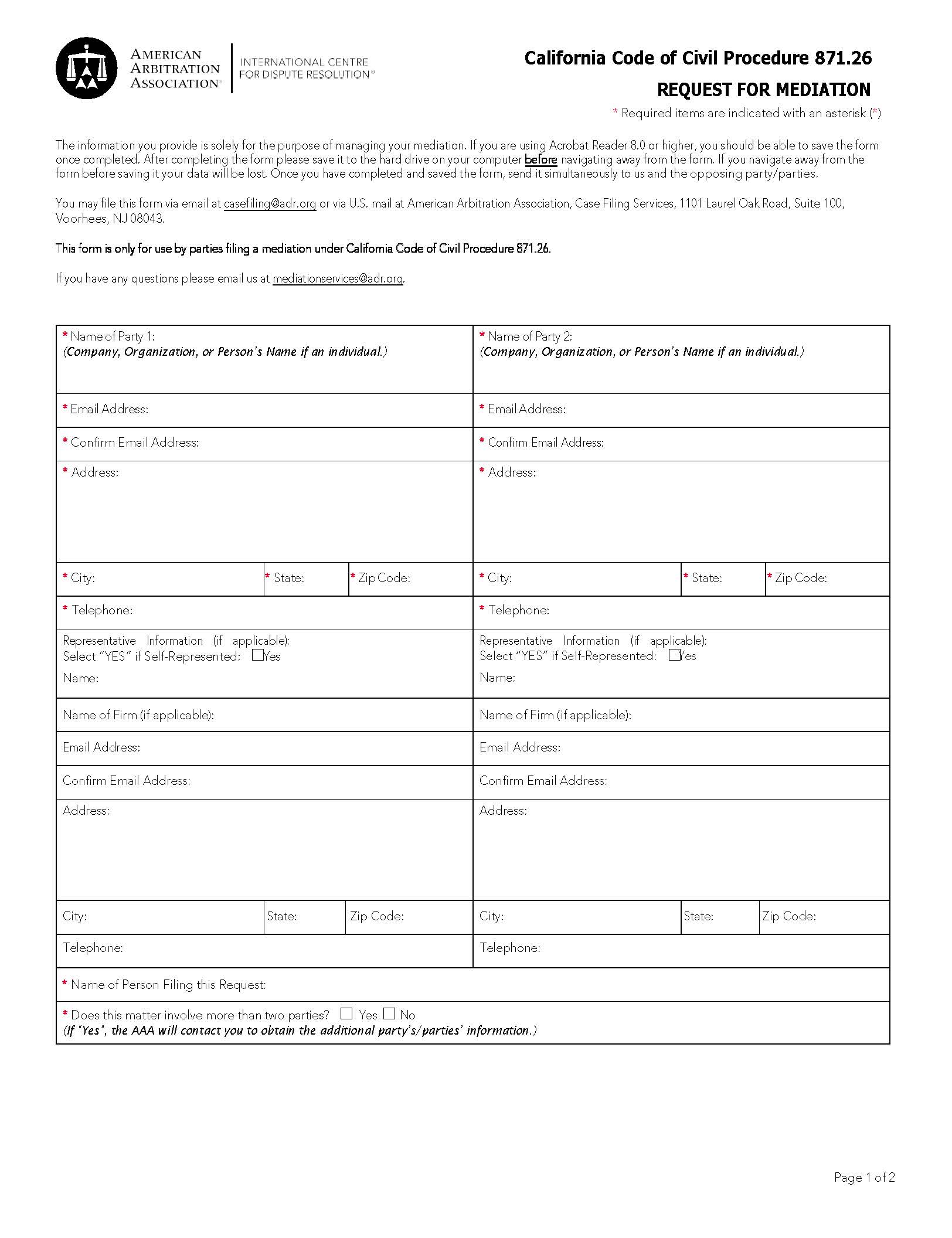 California Code of Civil Procedure 871.26 Request For Mediation | Pdf Fpdf Docx | Official Federal Forms