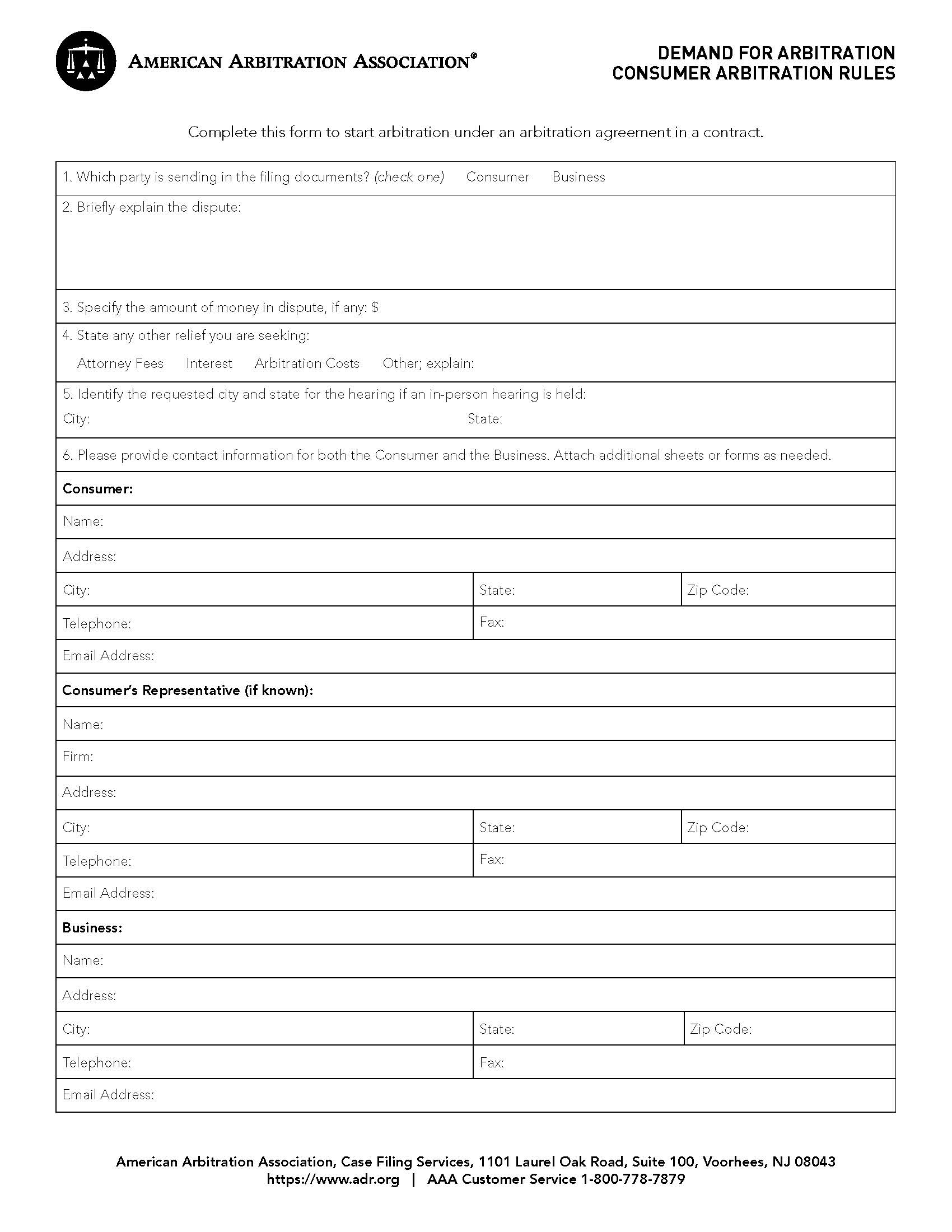 Consumer Demand Form (Demand For Arbitration Consumer Arbitration Rules) | Pdf Fpdf Docx | Official Federal Forms