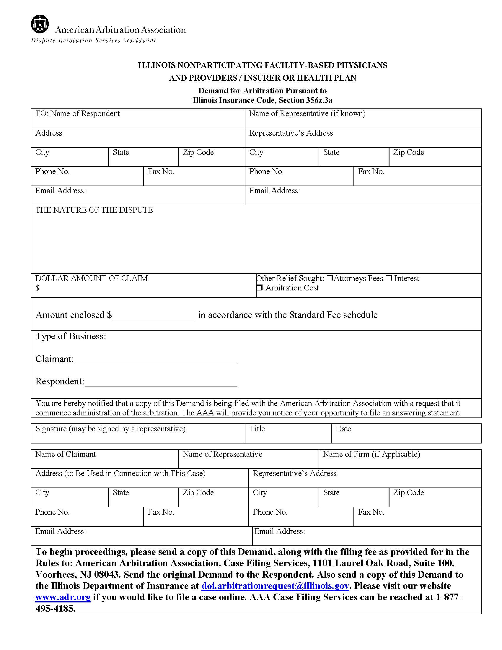 Illinois Out-Of-Network Demand For Arbitration | Pdf Fpdf Docx | Official Federal Forms