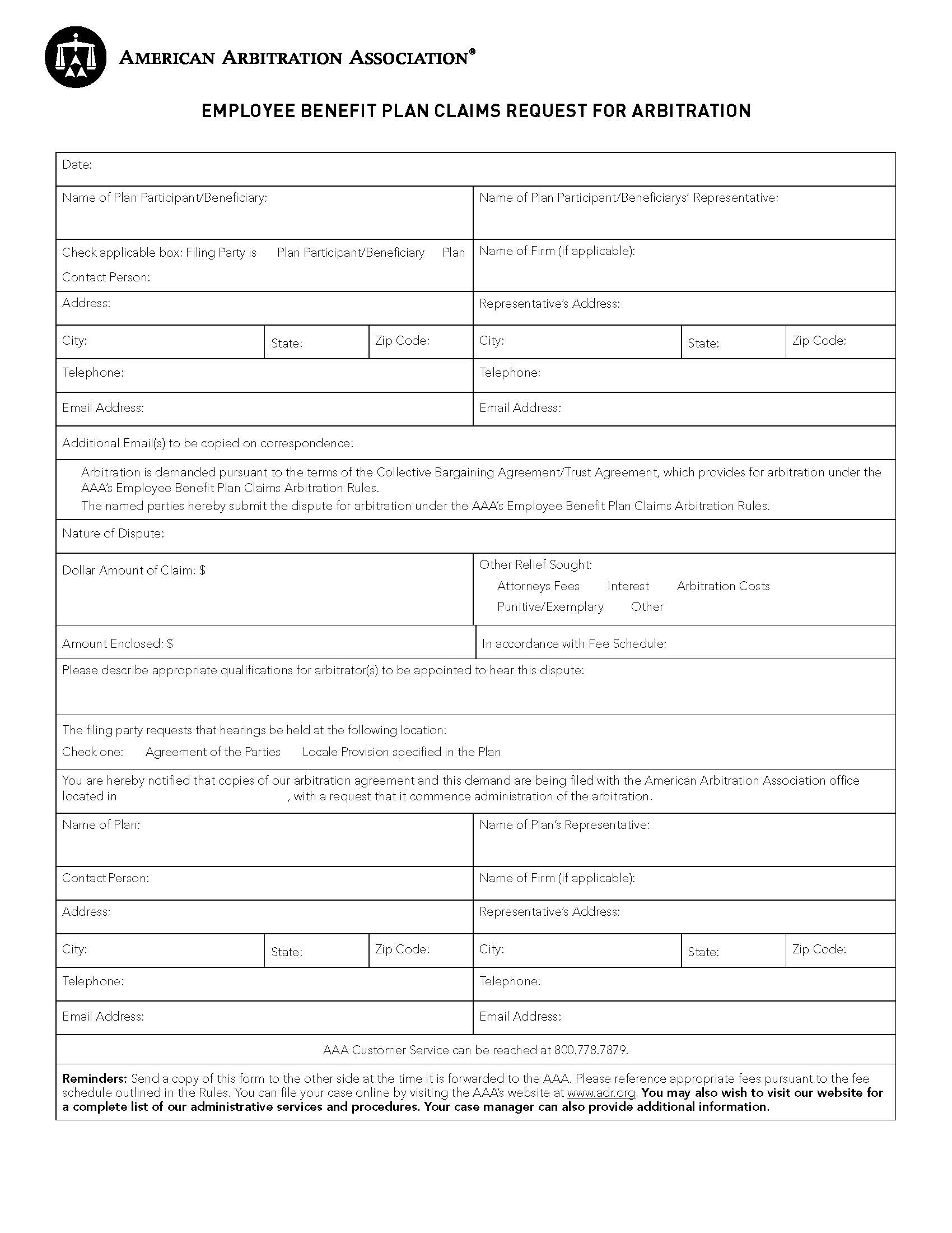 Employee Benefit Plan Claims Request For Arbitration | Pdf Fpdf Docx | Official Federal Forms